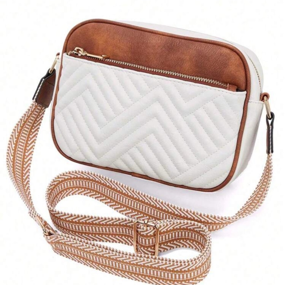 Elegant White and Brown Quilted Crossbody Bag